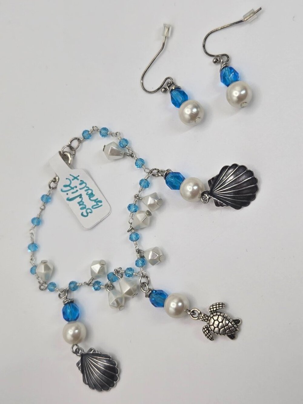 Sea Life Bracelet & Earring Set Light Blue Bead Glass Shell Turtle Charm Item 54